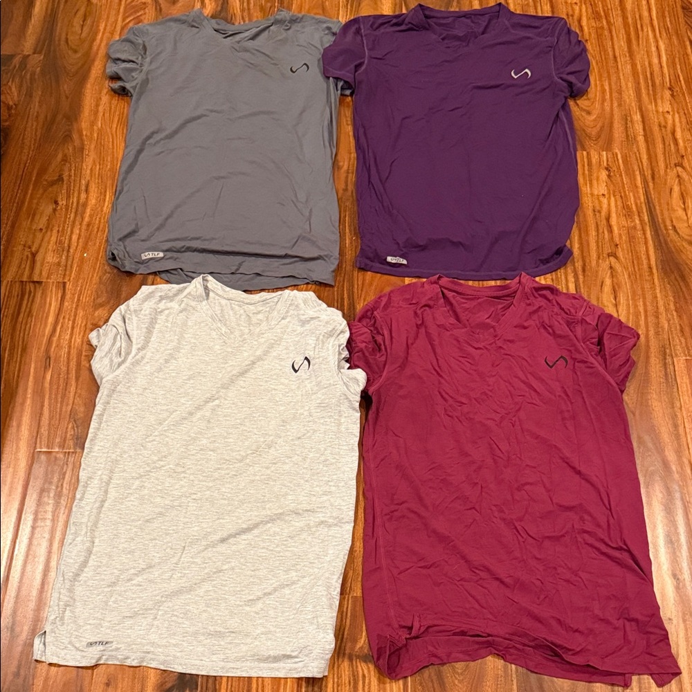 Four Men's Short Sleeve Tees - Gray, Purple, and Red